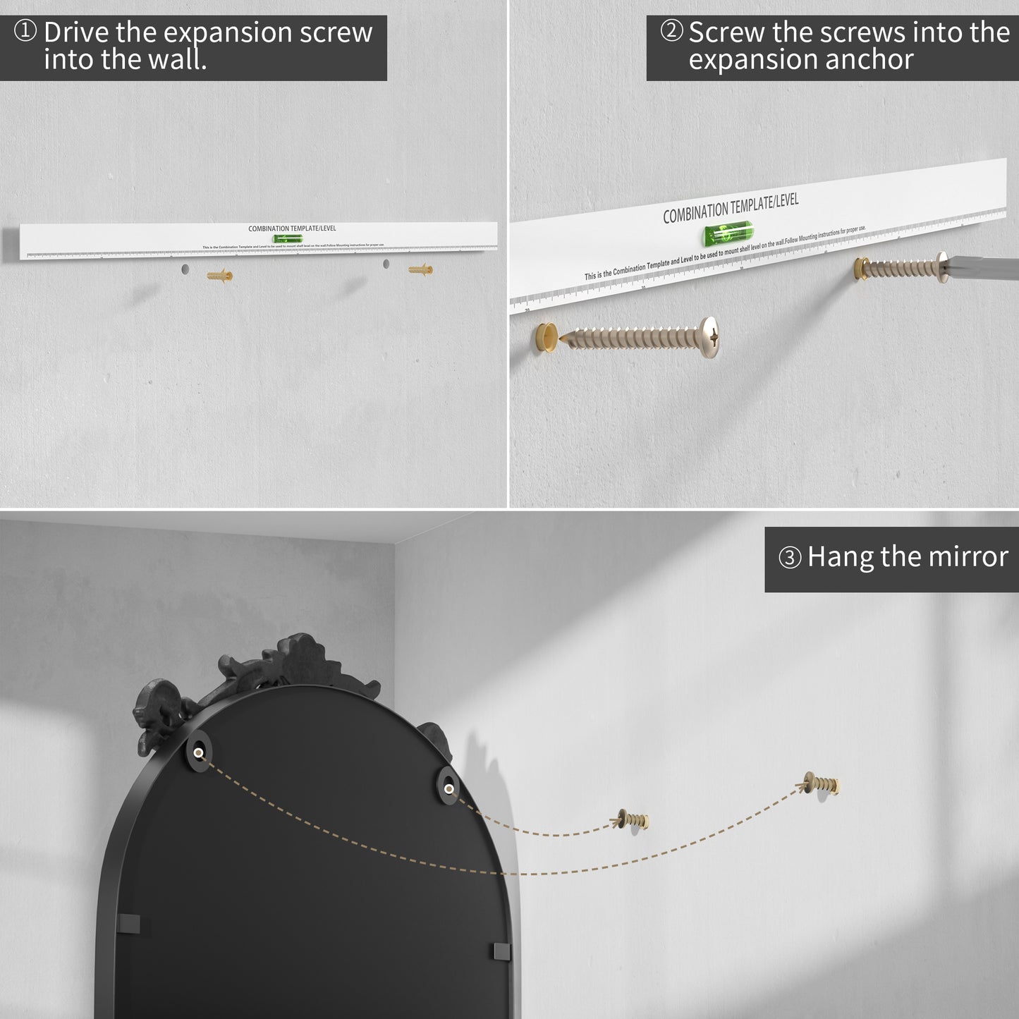Installation Guide of DECOTU Vintage Arched Black Antique Wall Mirror, Exquisite Baroque Decor with HD Explosion-Proof Glass for Living Room/Themed Spaces
