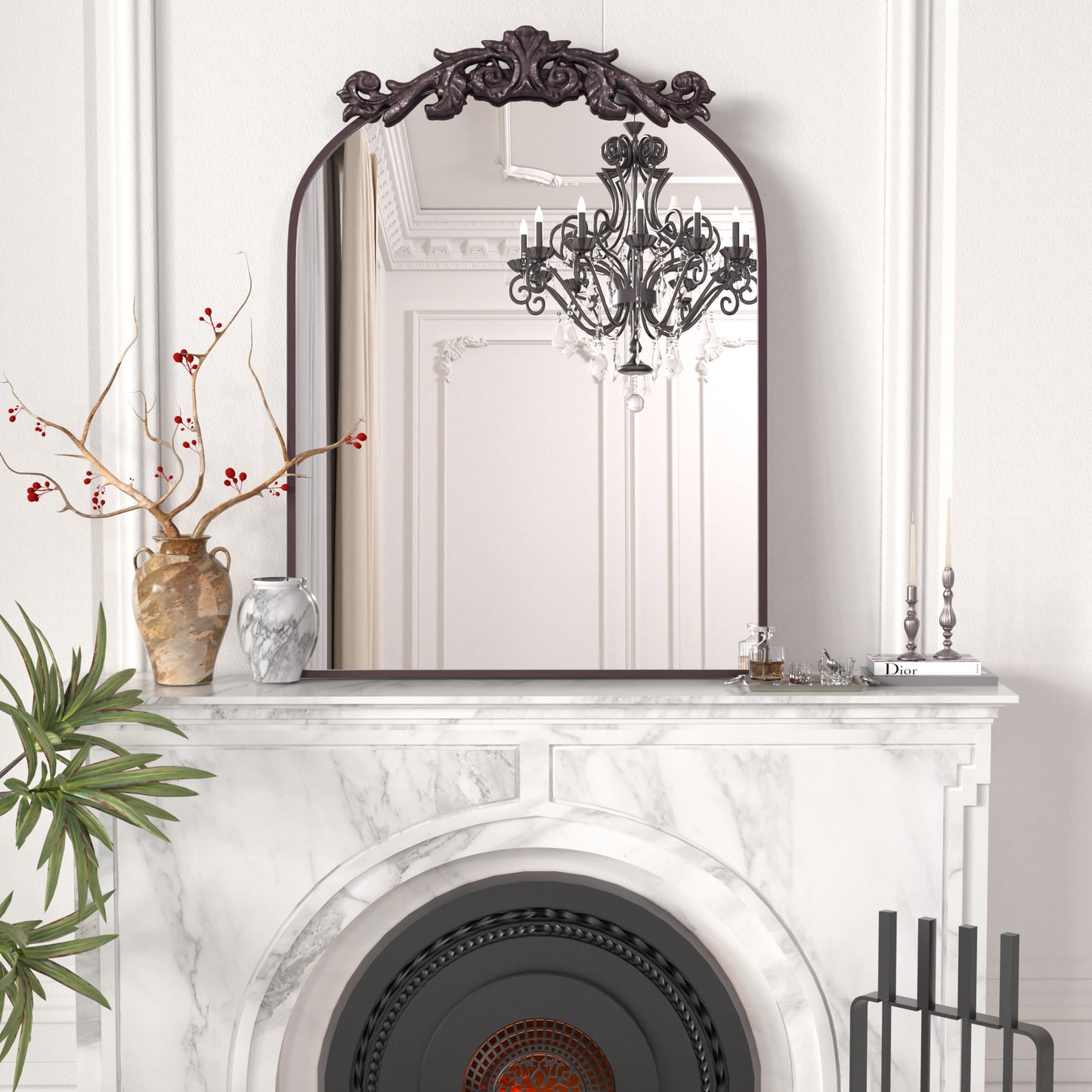 DECOTU Vintage Arched Brown Antique Wall Mirror, Exquisite Baroque Decor with HD Explosion-Proof Glass for Living Room/Themed Spaces