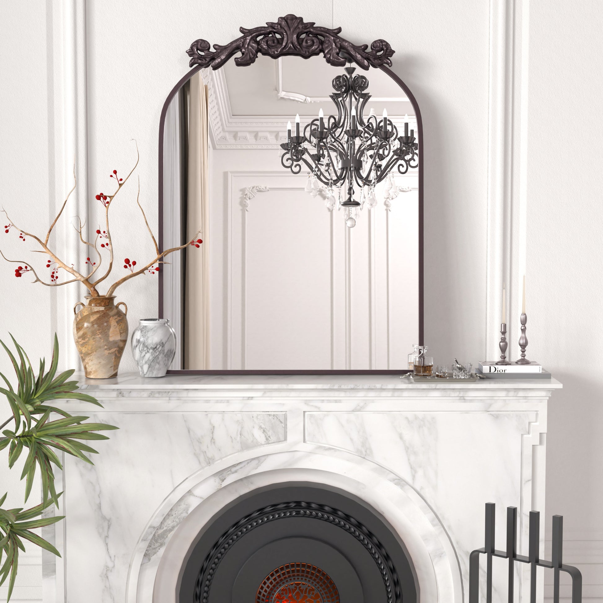 DECOTU Vintage Arched Brown Antique Wall Mirror, Exquisite Baroque Decor with HD Explosion-Proof Glass for Living Room/Themed Spaces