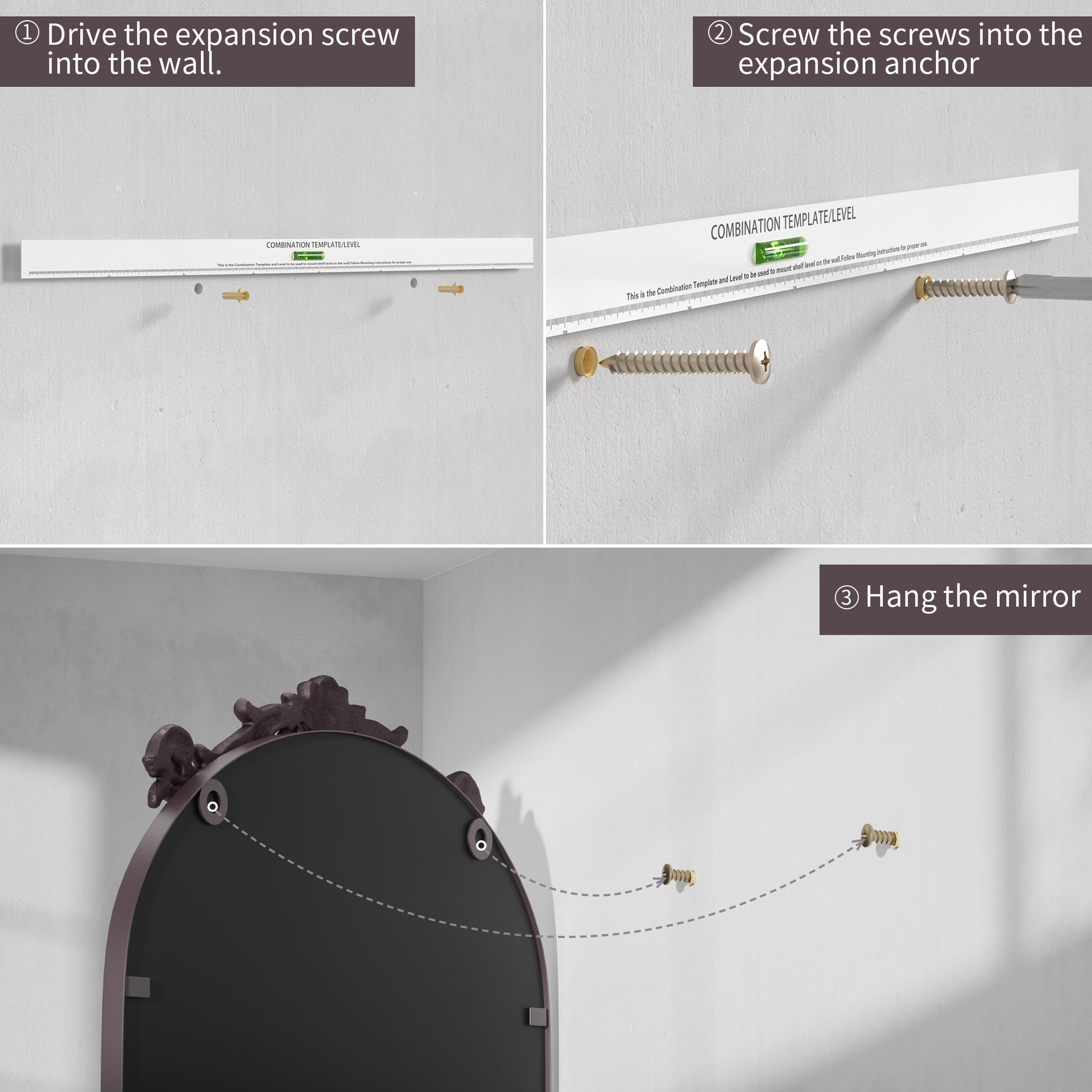 Installation Guide of DECOTU Vintage Arched Brown Antique Wall Mirror, Exquisite Baroque Decor with HD Explosion-Proof Glass for Living Room/Themed Spaces
