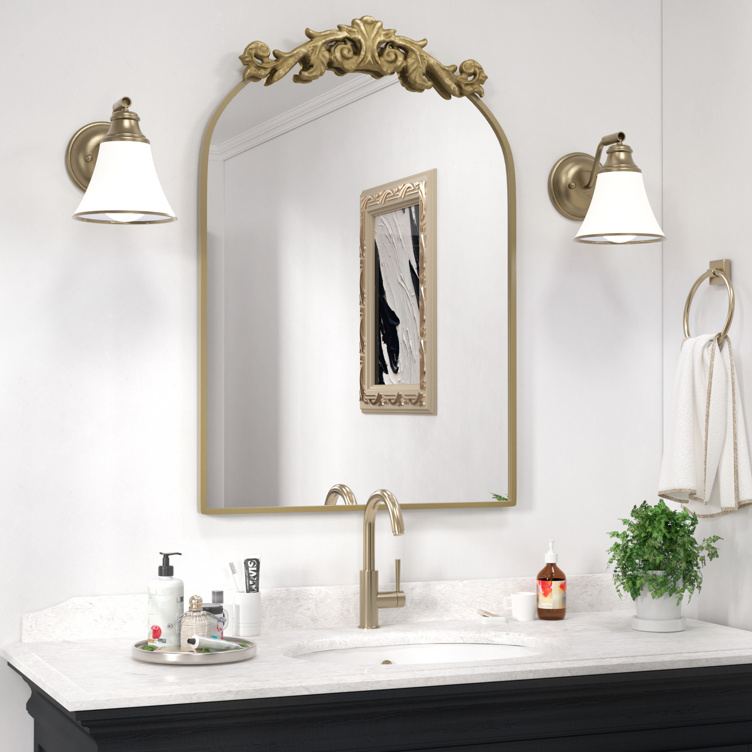 DECOTU Vintage Arched Gold Antique Wall Mirror, Exquisite Baroque Decor with HD Explosion-Proof Glass for Living Room/Themed Spaces