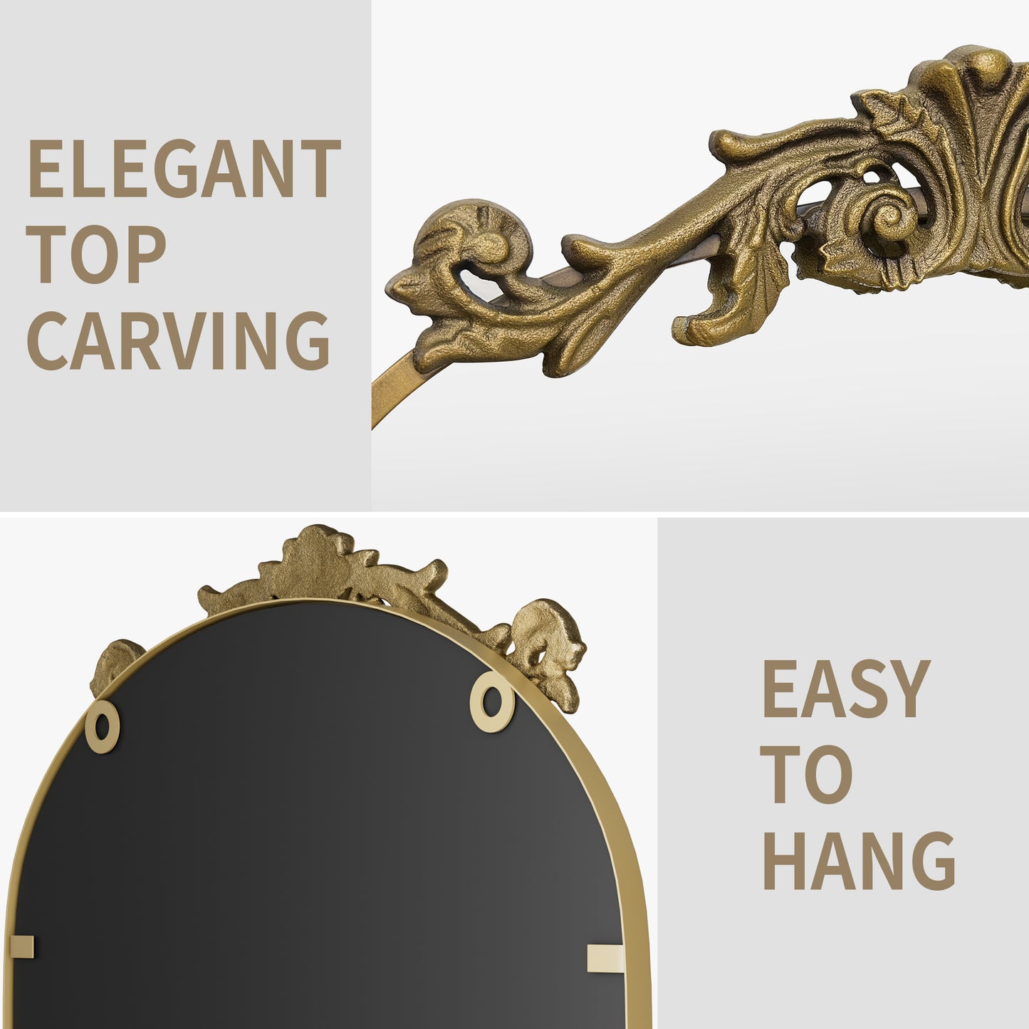 Closeup Detail of DECOTU Vintage Arched Gold Antique Wall Mirror with Exquisite Baroque Decor