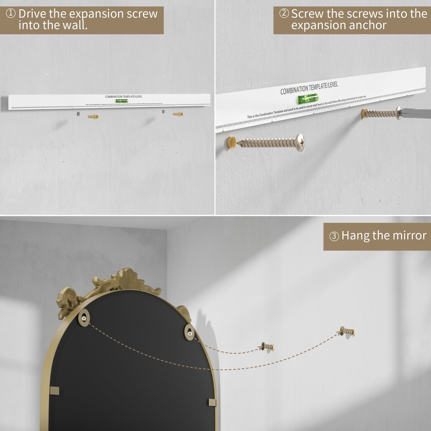 Installation Guide of DECOTU Vintage Arched Gold Antique Wall Mirror, Exquisite Baroque Decor with HD Explosion-Proof Glass for Living Room/Themed Spaces