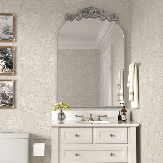 DECOTU Vintage Arched Silver Antique Wall Mirror, Exquisite Baroque Decor with HD Explosion-Proof Glass for Living Room/Themed Spaces