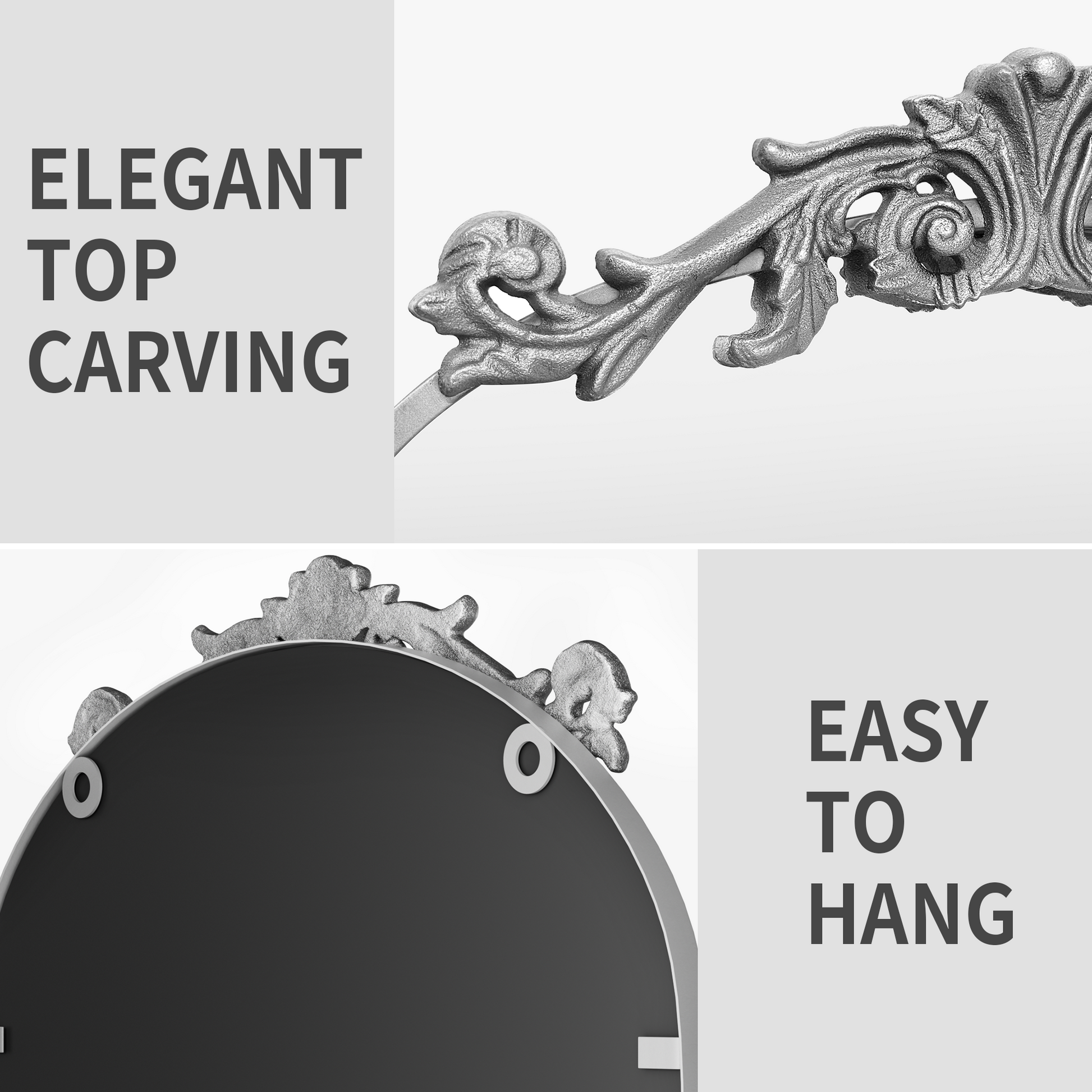 Closeup Detail of DECOTU Vintage Arched Silver Antique Wall Mirror with Exquisite Baroque Decor