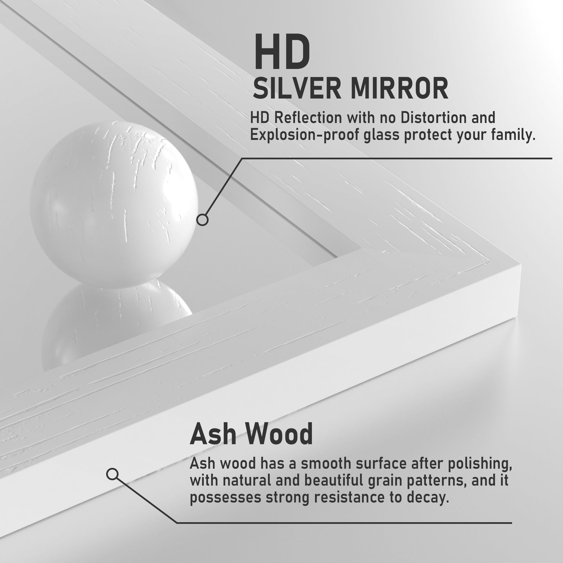 Closeup Detail of DECOTU White Wood Rectangular Wall Mirror’s wood Frame