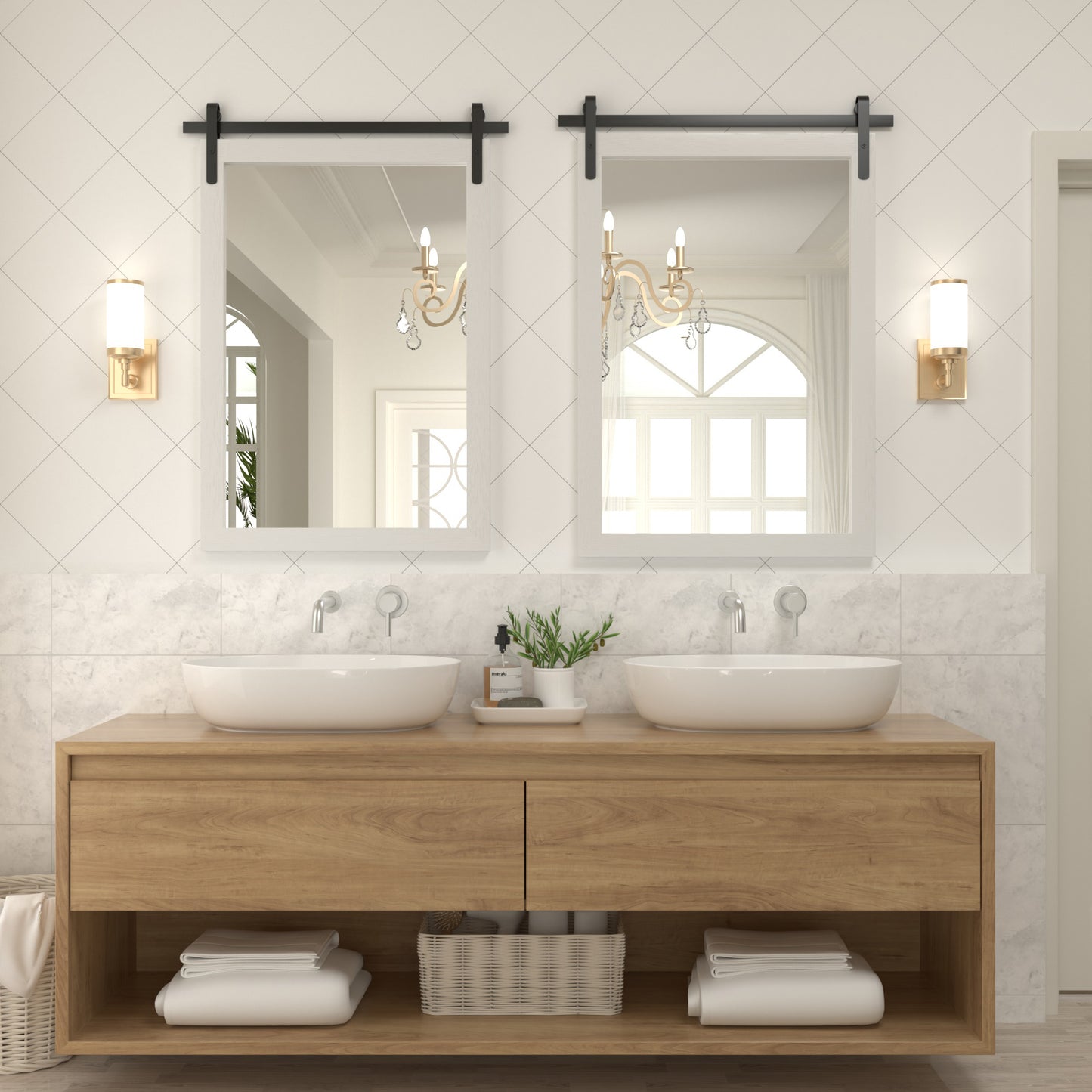 DECOTU White Wood Rectangular Wall Mirror, Handmade Rustic Frame with Iron Clip & HD Glass, Wall-Mounted Setup in Bathroom Space 