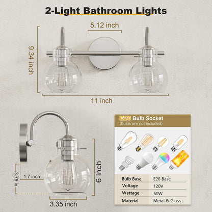 Two Lights Dimension Chart for DECTOU Silver Gourd Glass Shade Vanity Light