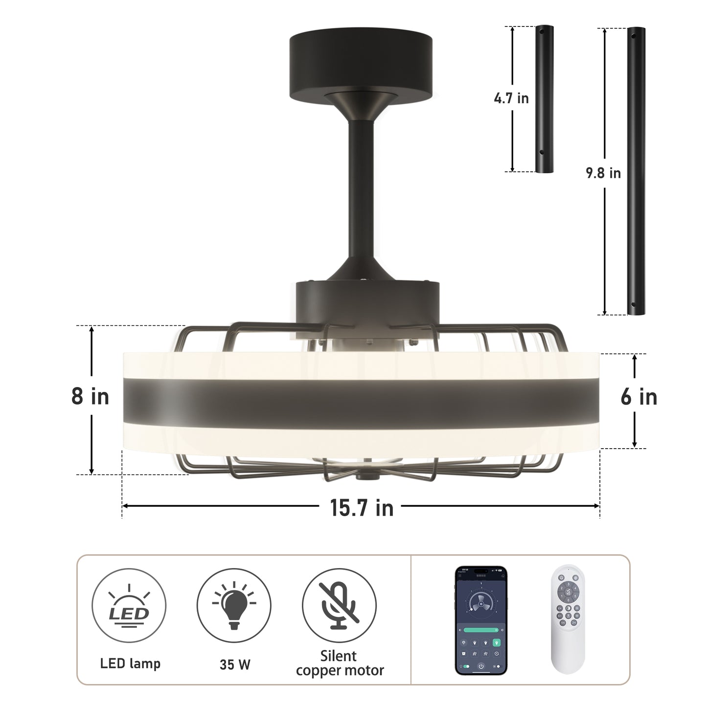 DECTOU 35W Dimmable Light Ceiling Fan - Detailed Dimension Chart