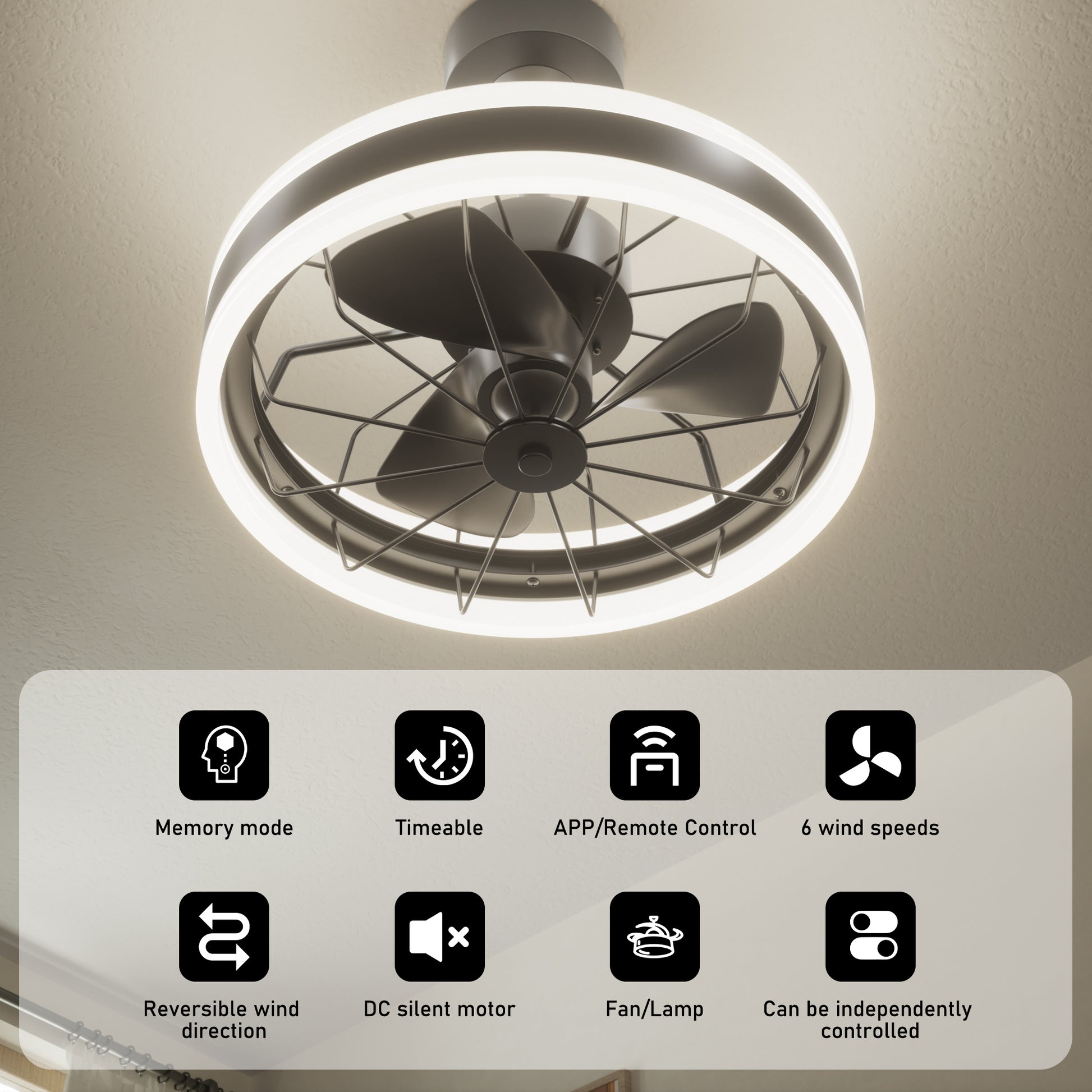 DECTOU 35W Dimmable Light Ceiling Fan - Highlighting 6 Speeds, DC Silent Motor, Timer & Memory Function