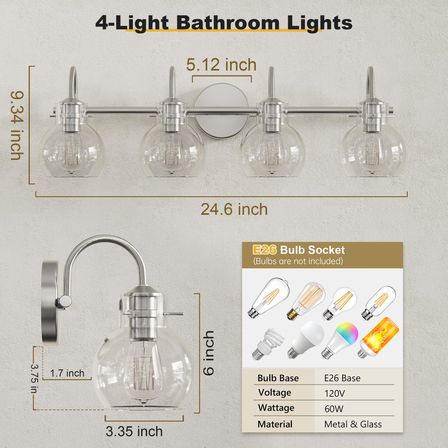 Four Lights Dimension Chart for DECTOU Silver Gourd Glass Shade Vanity Light