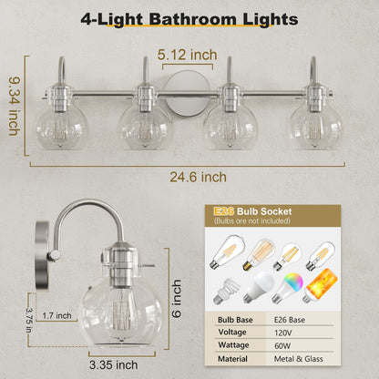 Four Lights Dimension Chart for DECTOU Silver Gourd Glass Shade Vanity Light