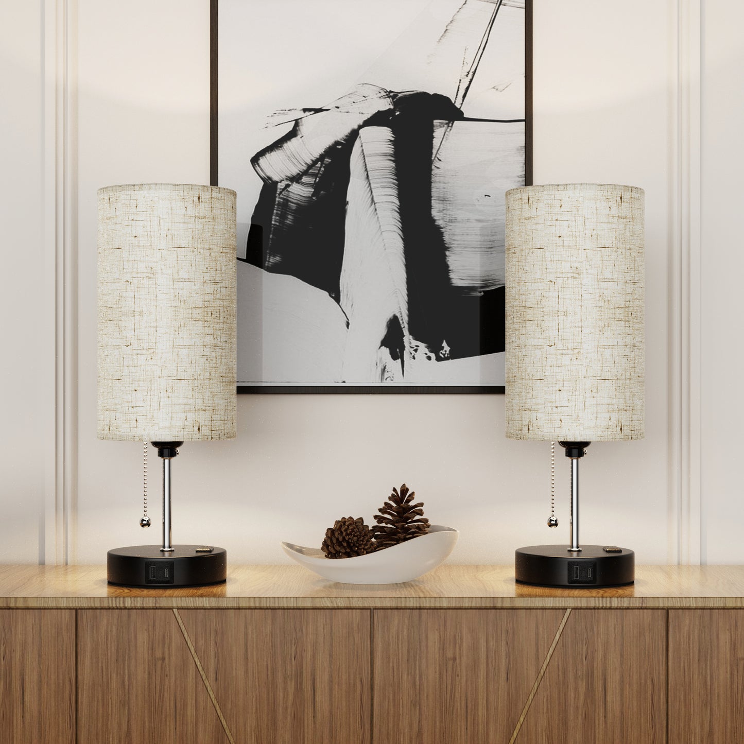 DECTOU Beige Modern Zipper Linen Cylinder Table Lamp - Features USB Charging Ports, 3-Tone Lighting, Ideal for Bedroom Living Room
