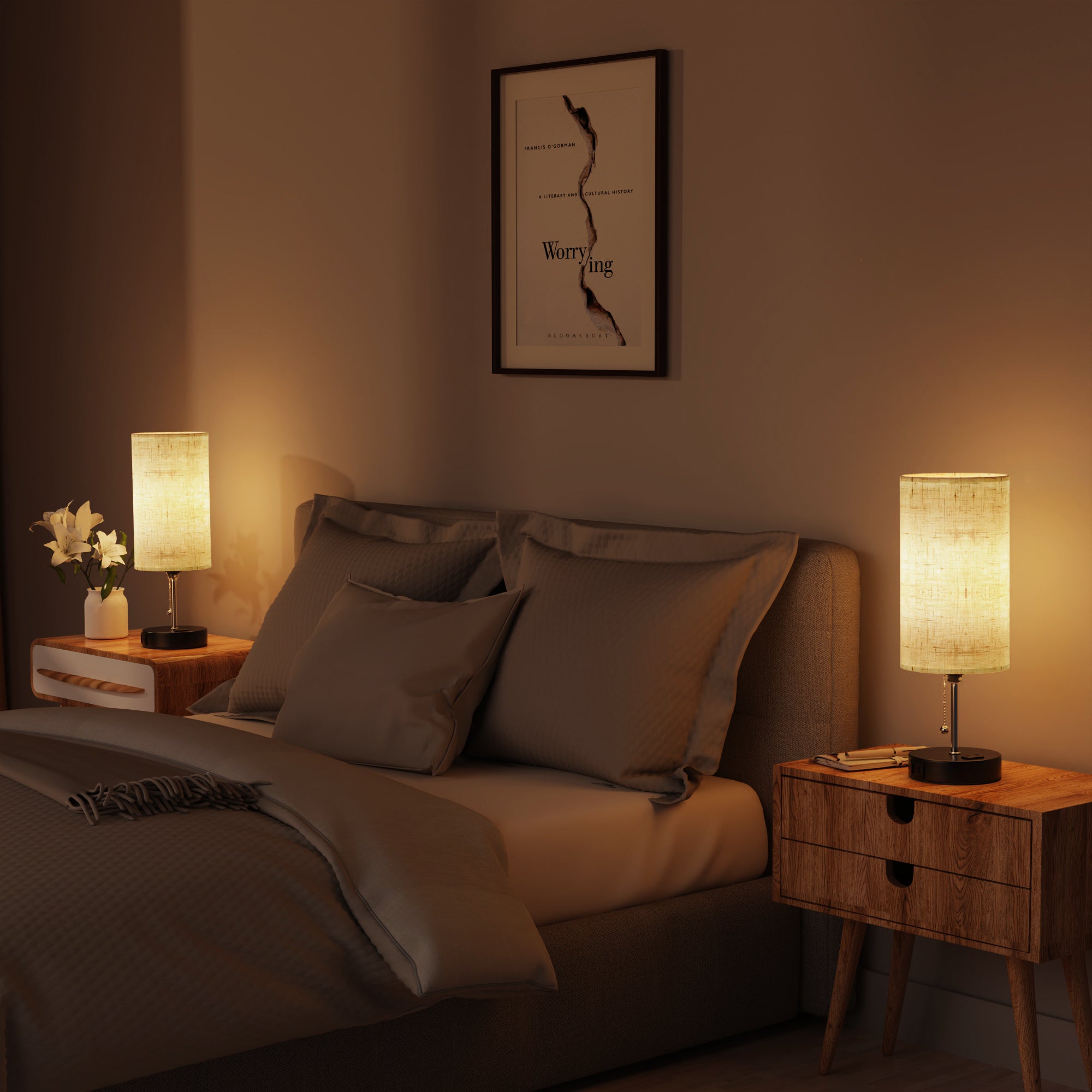 DECTOU Beige Modern Zipper Linen Cylinder Table Lamp,  Setup in Bedroom Scene