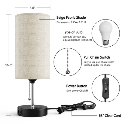 Detalis of DECTOU Beige Modern Zipper Linen Cylinder Table Lamp - Features USB Charging Ports, 3-Tone Lighting, Ideal for Bedroom Living Room