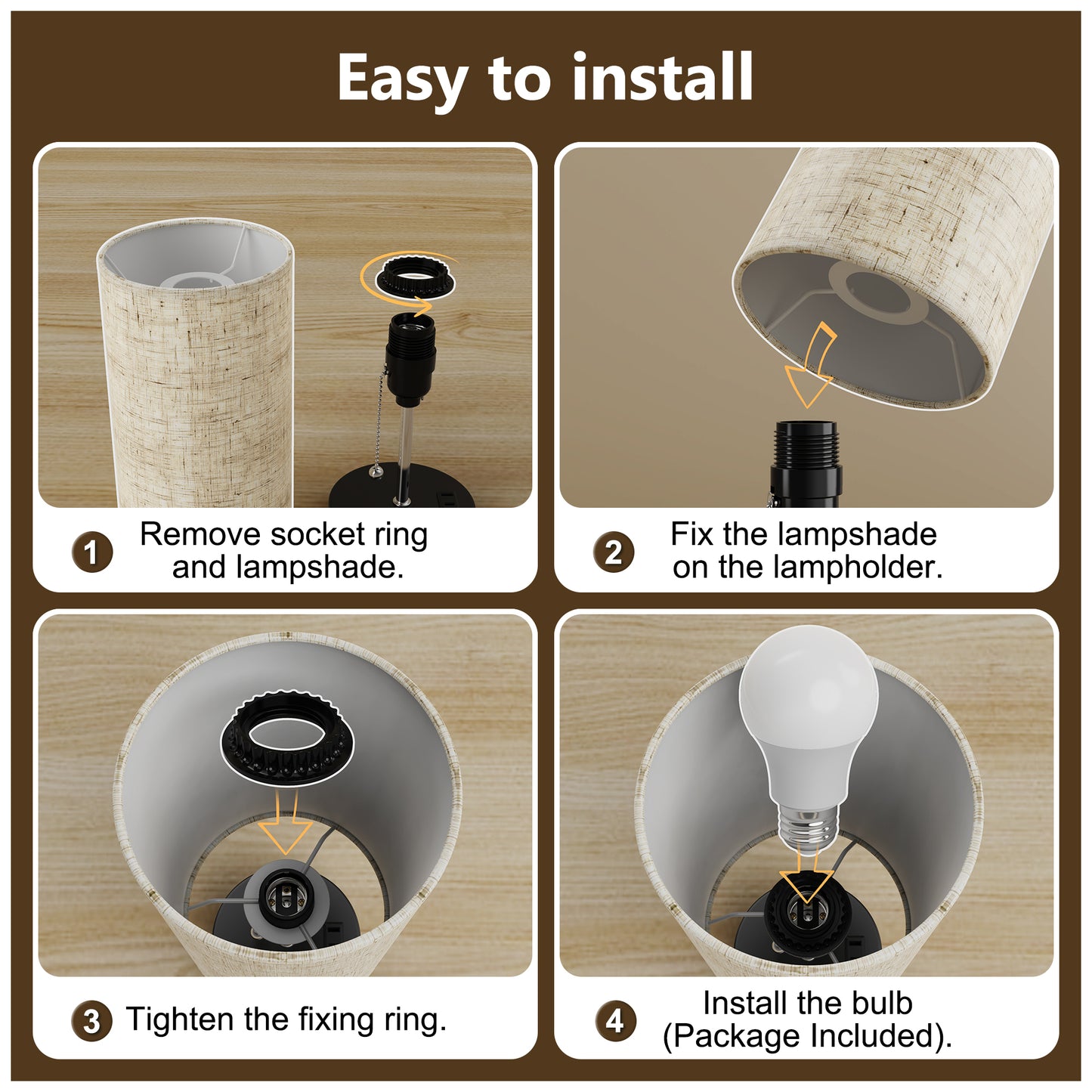 Installation Guide of DECTOU Beige Modern Zipper Linen Cylinder Table Lamp - Features USB Charging Ports, 3-Tone Lighting, Ideal for Bedroom Living Room