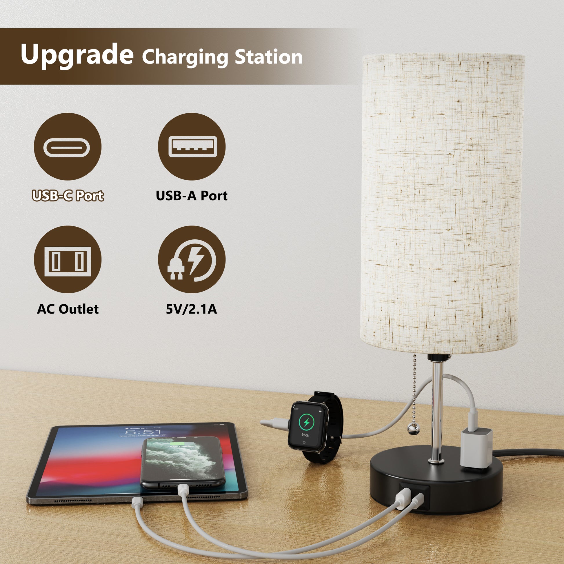 Charging Station of DECTOU Beige Modern Zipper Linen Cylinder Table Lamp - Features USB Charging Ports, 3-Tone Lighting, Ideal for Bedroom Living Room