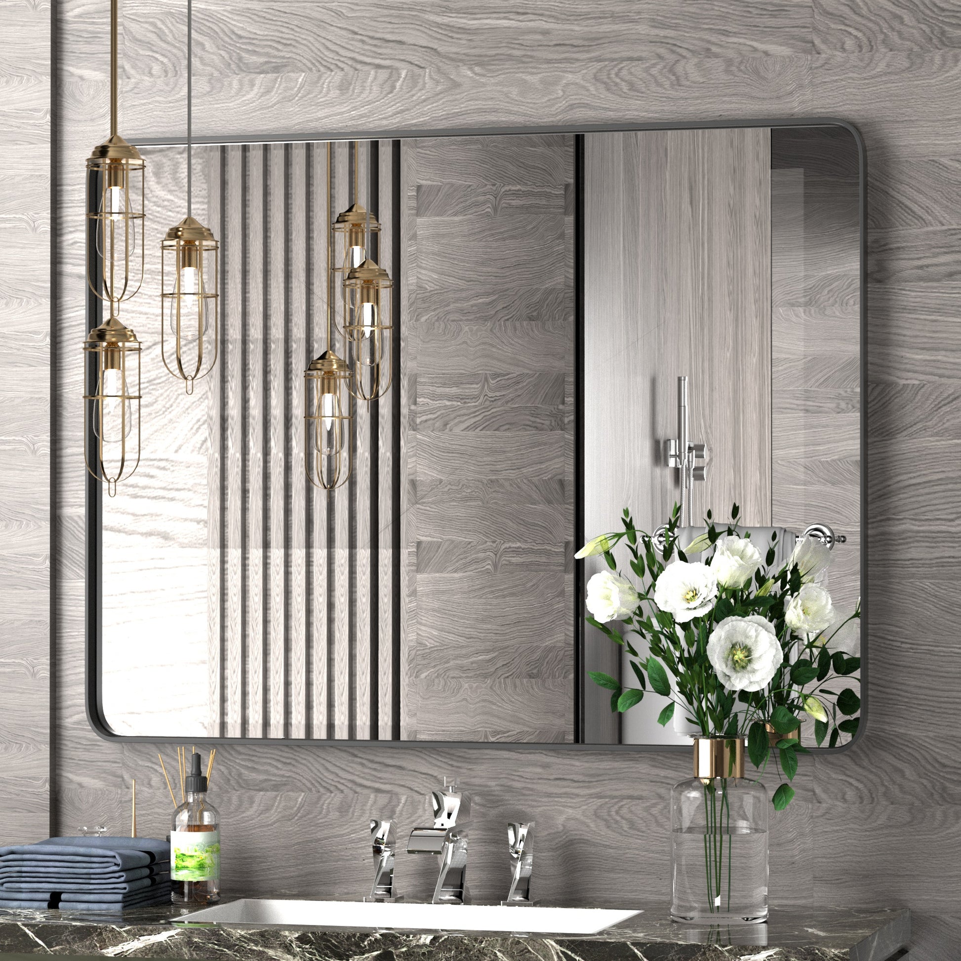 DECTOU Black Iron Rectangular Wall Mirror, Wall-Mounted Setup in Bathroom Space