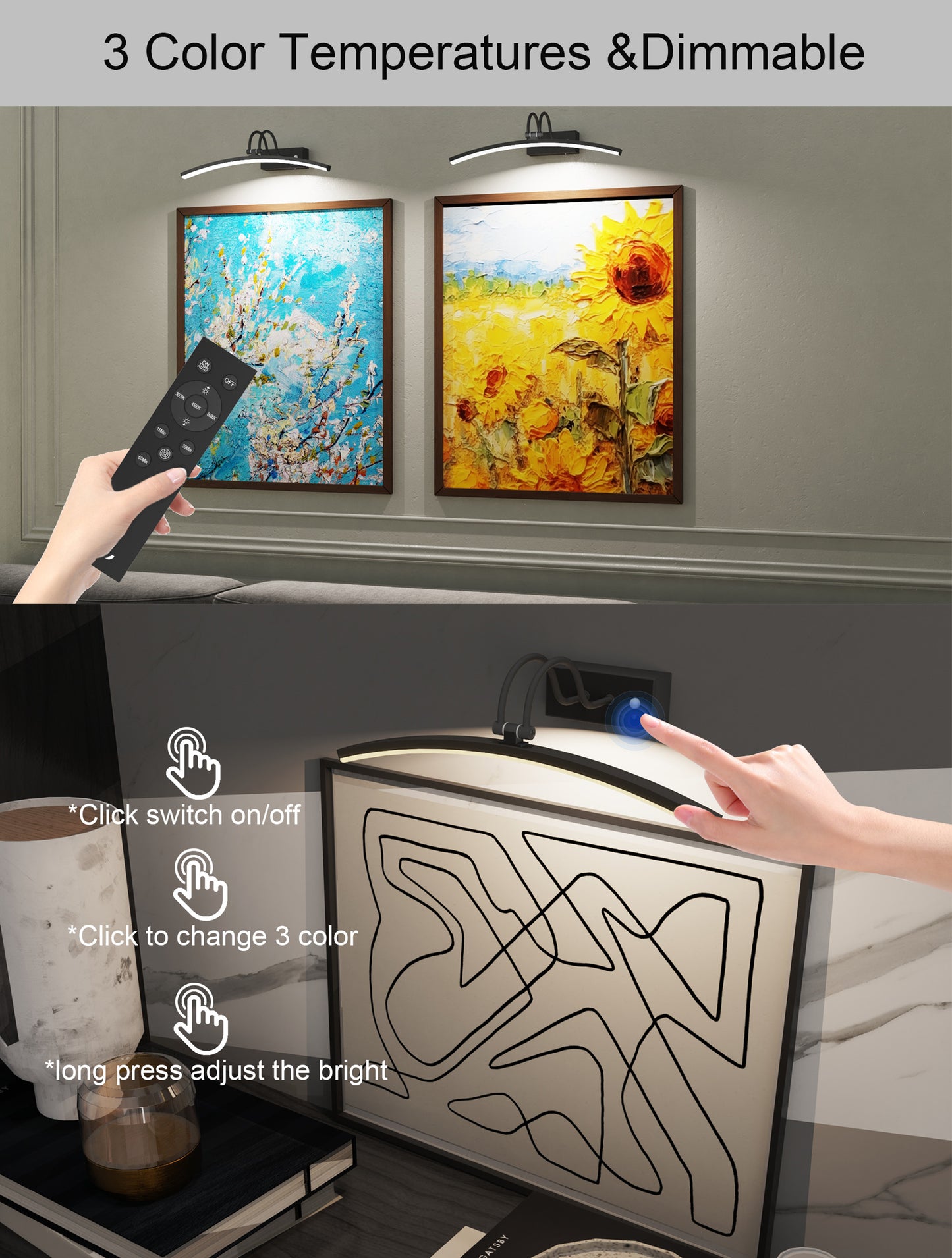 DECTOU Black Adjustable Wall Sconce - 3 Color Modes (Warm/Neutral/White Light) via Touch Control