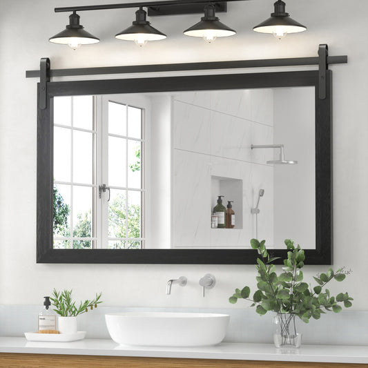 DECTOU Black Wood Rectangular Wall Mirror, Handmade Rustic Frame with Iron Clip & HD Glass, Wall-Mounted for Bathroom