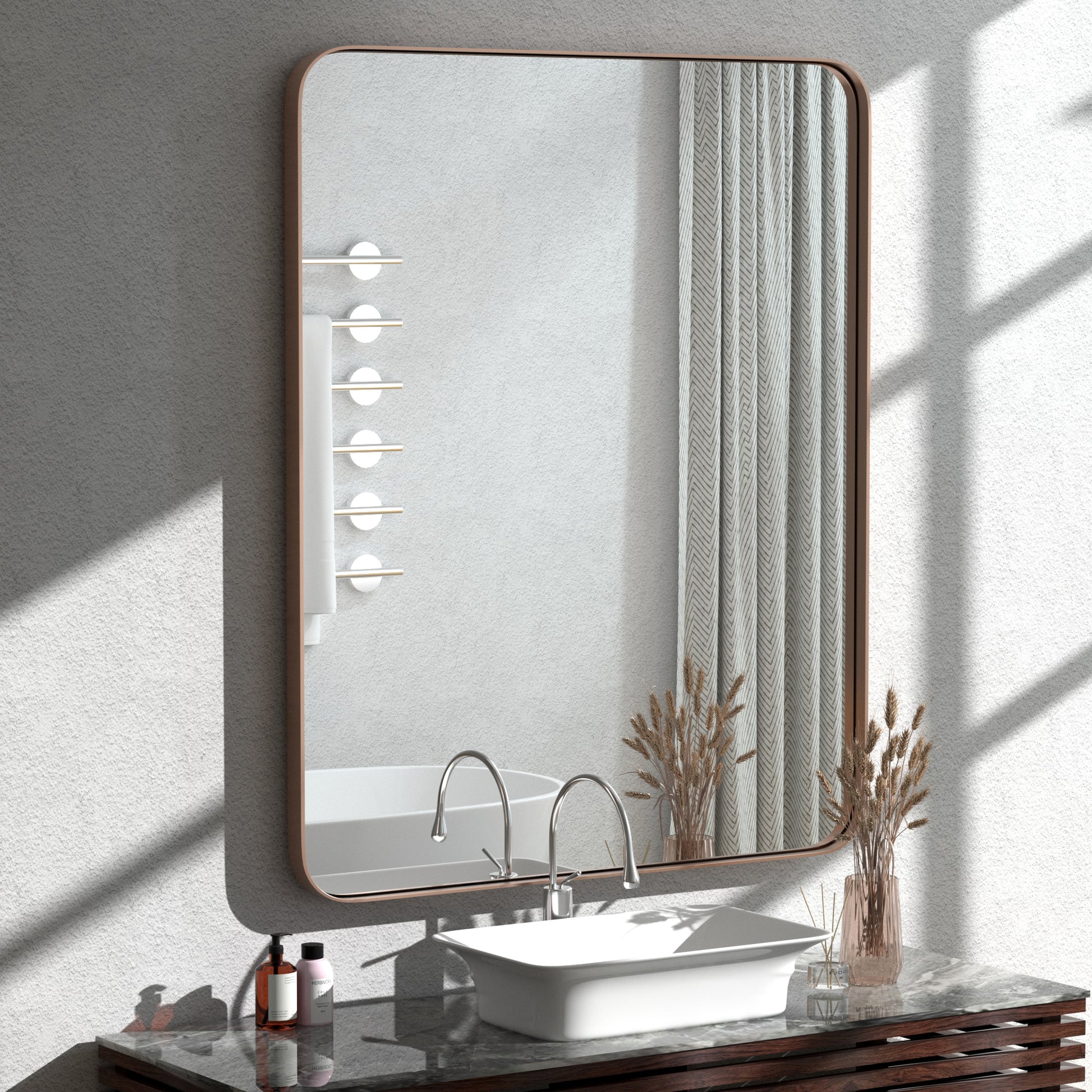 DECTOU Brown Rectangular Wall Mirror, Stainless Steel Frame with Anti-Corrosion & Moisture-Resistant Build & HD 4mm Glass, Wall-Mounted for Bathroom Vanity