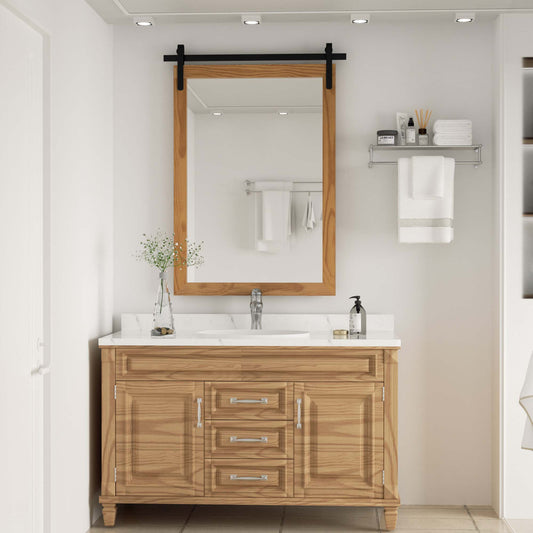 DECTOU Brown Wood Rectangular Wall Mirror, Handmade Rustic Frame with Iron Clip & HD Glass, Wall-Mounted for Bathroom