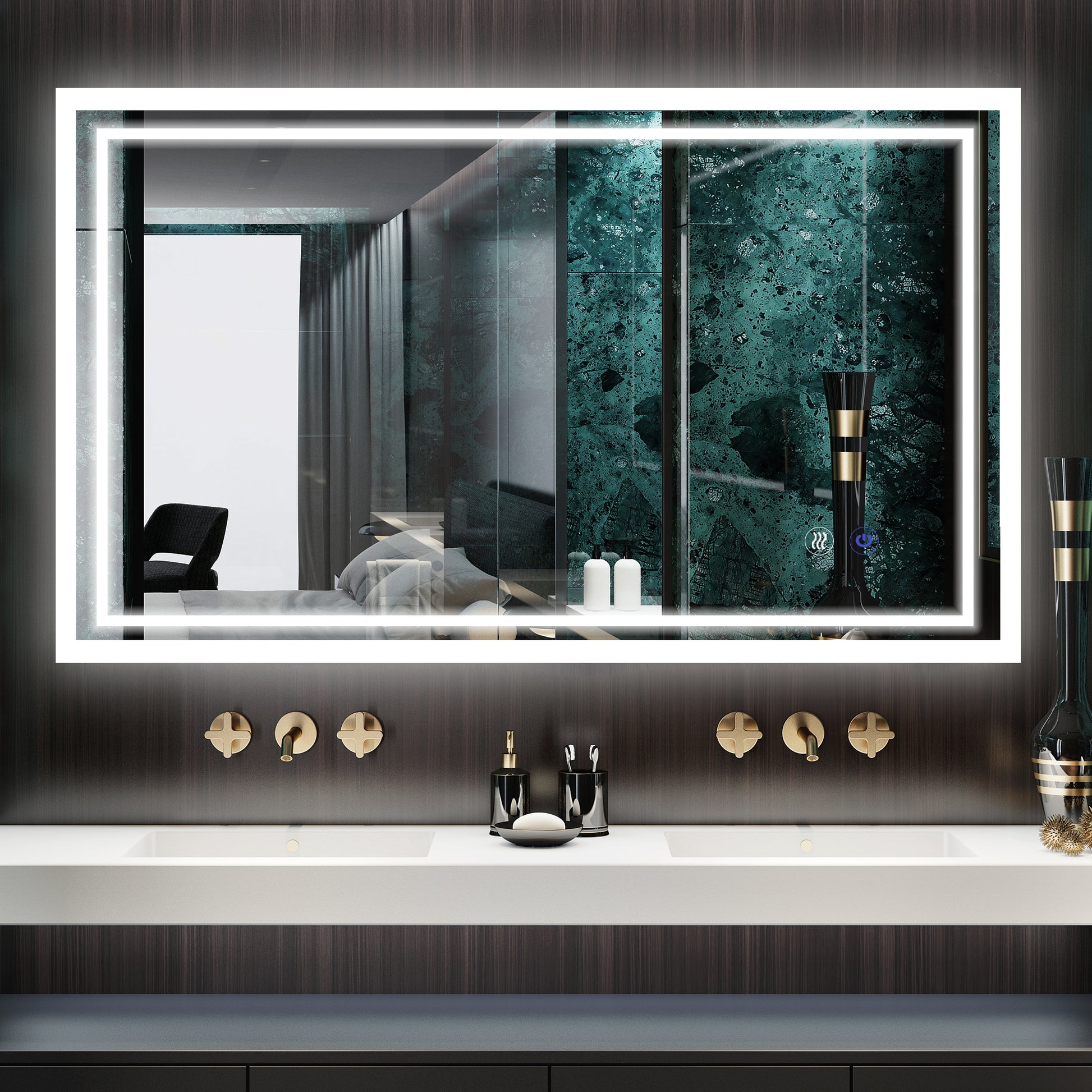 DECTOU Double Strip LED Vanity Mirror - Aluminum Frame with 3 Color Modes & Anti-Fog Function, Wall-Mounted Design for Bathroom