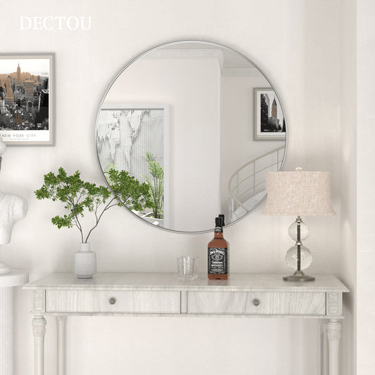 DECTOU Silver Round Vanity Mirror, Stainless Steel Frame with Anti-Corrosion & Moisture-Resistant Build & HD 4mm Glass, Wall-Mounted for Bathroom Vanity