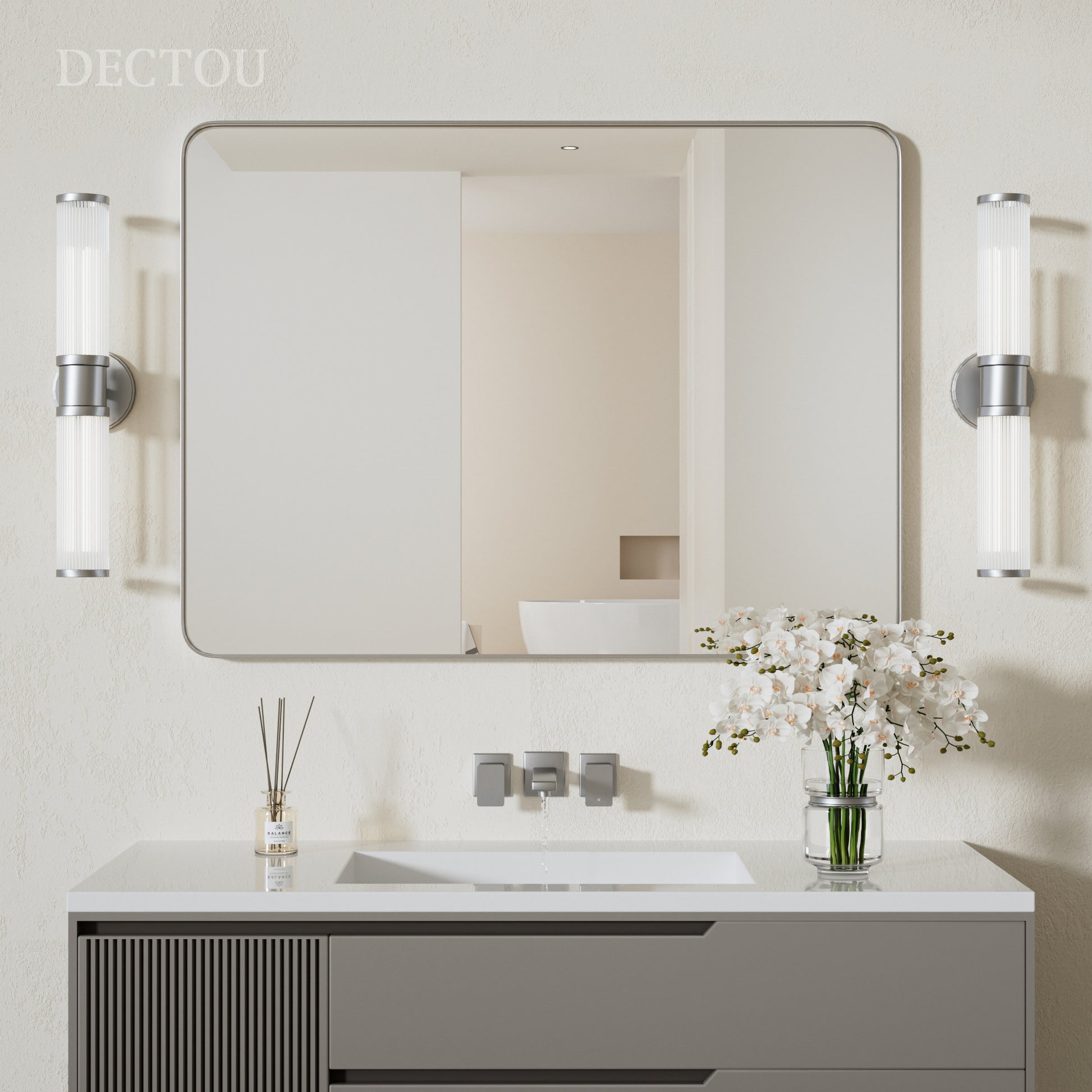 DECTOU Silver Rectangular Wall Mirror, Anti-Corrosion Iron Frame & Sturdy Build, Wall-Mounted for Bathroom Vanity