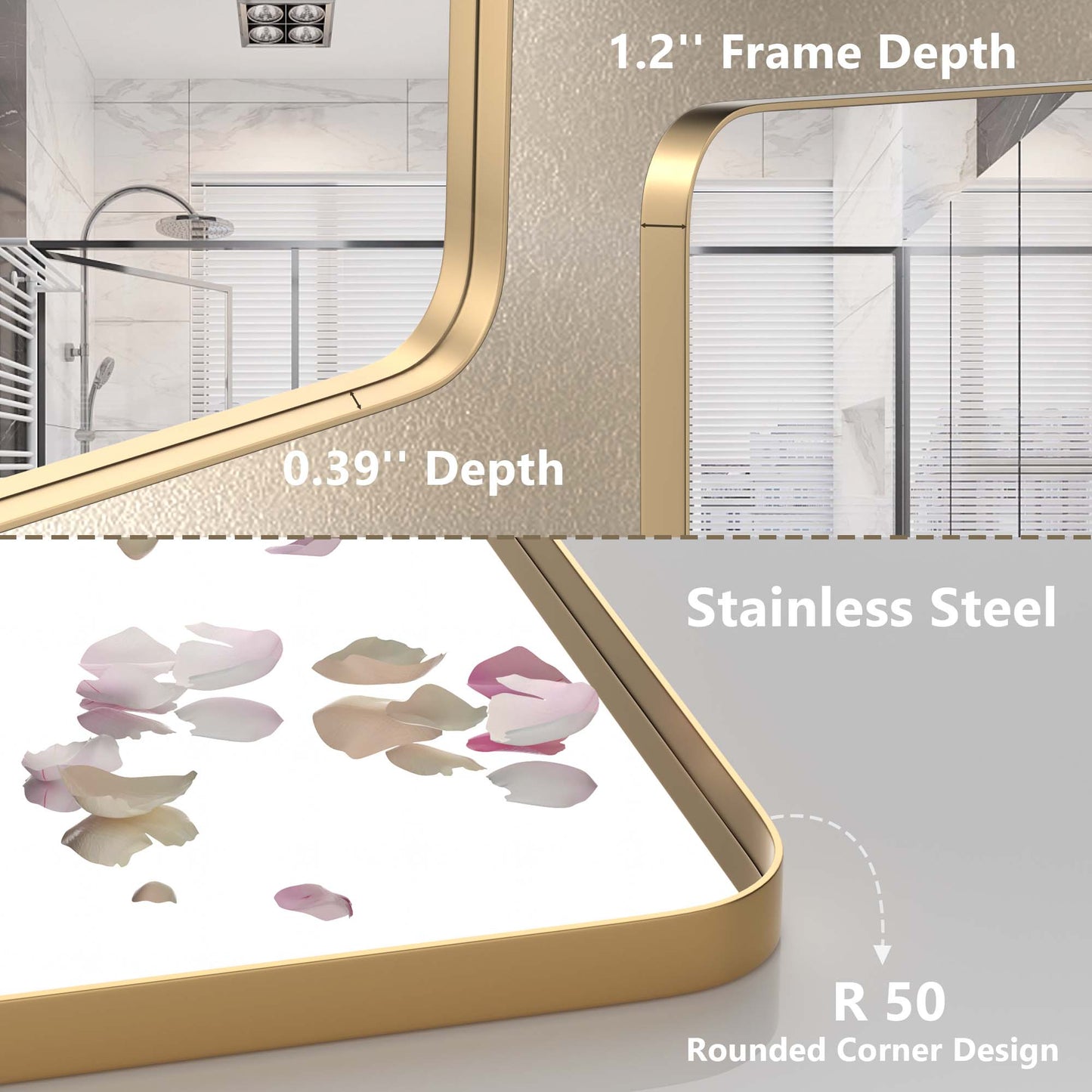 Closeup Detail of DECTOU Gold Rectangular Wall Mirror, Anti-Corrosion Iron Frame & Sturdy Build