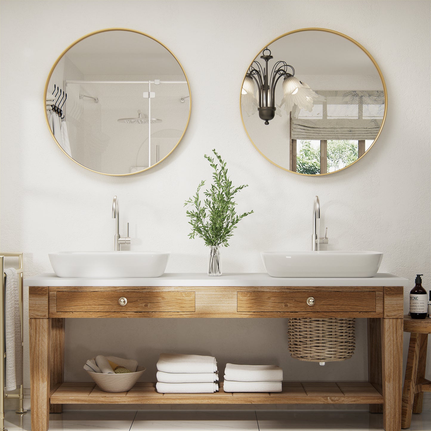 DECTOU Gold Iron Frame Round Wall Mirror, Wall-Mounted Setup in Bathroom Space