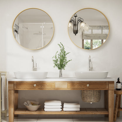 DECTOU Gold Iron Frame Round Wall Mirror, Wall-Mounted Setup in Bathroom Space