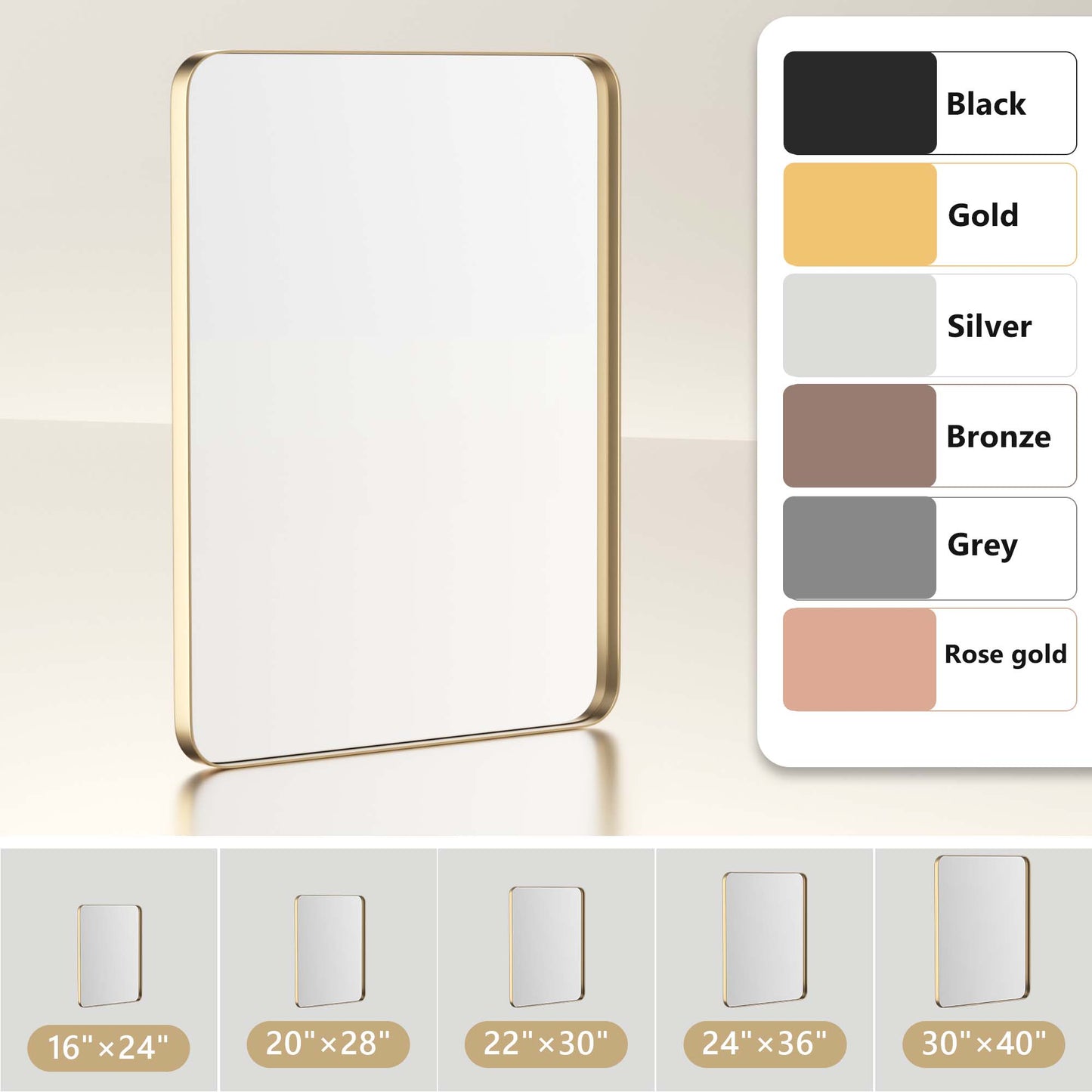 DECTOU Gold Rectangular Wall Mirror, Various Sizes Available for Custom Needs, Size Diagram
