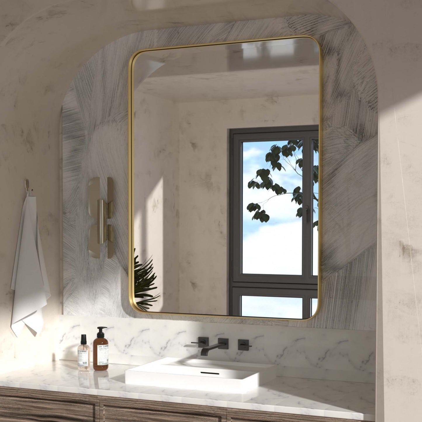 DECTOU Gold Iron Rectangular Wall Mirror, Wall-Mounted Setup in Bathroom Space