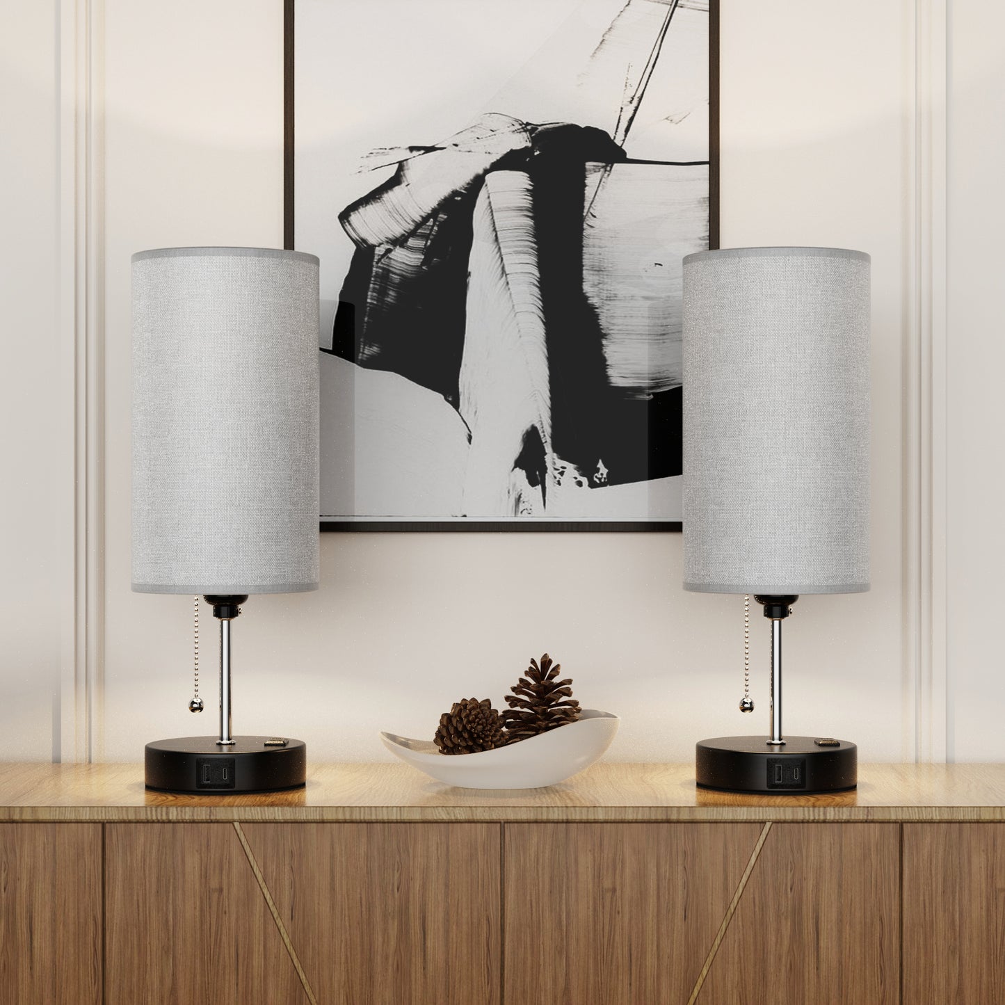 DECTOU Gray Modern Zipper Linen Cylinder Table Lamp - Features USB Charging Ports, 3-Tone Lighting, Ideal for Bedroom Living Room