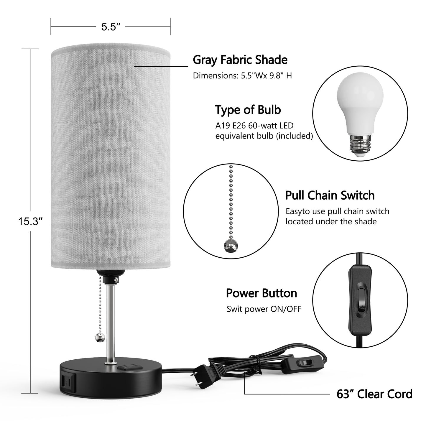 Detalis of DECTOU Gray Modern Zipper Linen Cylinder Table Lamp - Features USB Charging Ports, 3-Tone Lighting, Ideal for Bedroom Living Room