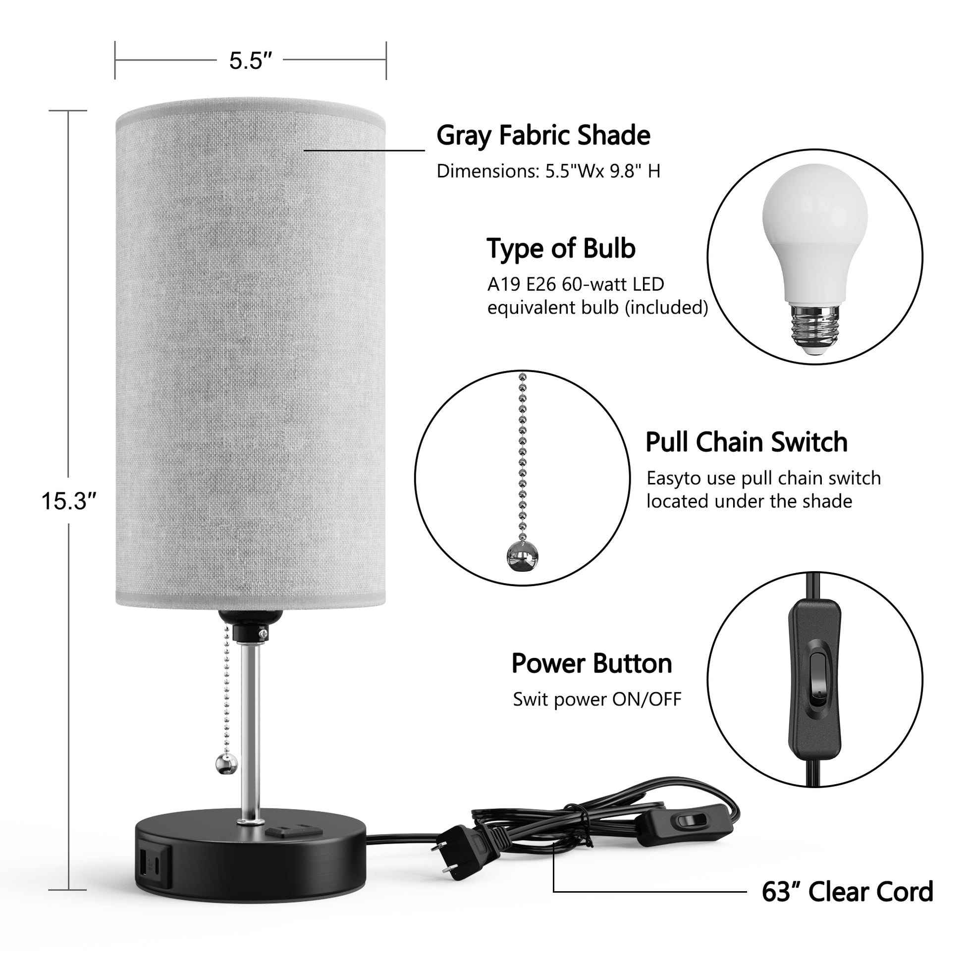 Detalis of DECTOU Gray Modern Zipper Linen Cylinder Table Lamp - Features USB Charging Ports, 3-Tone Lighting, Ideal for Bedroom Living Room