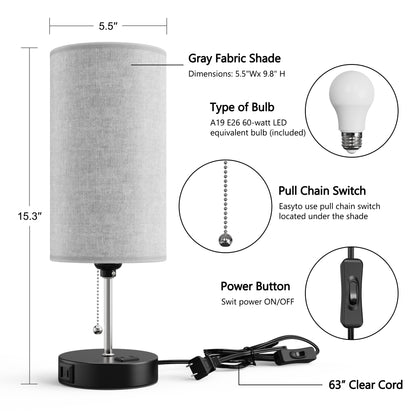 Detalis of DECTOU Gray Modern Zipper Linen Cylinder Table Lamp - Features USB Charging Ports, 3-Tone Lighting, Ideal for Bedroom Living Room