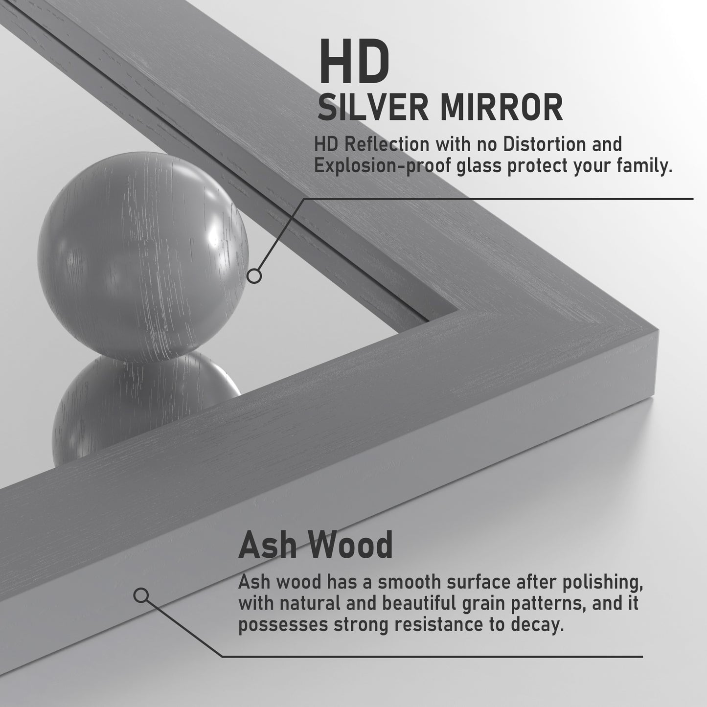 Closeup Detail of DECTOU Gray Wood Rectangular Wall Mirror’s wood Frame