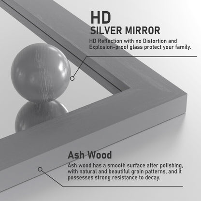Closeup Detail of DECTOU Gray Wood Rectangular Wall Mirror’s wood Frame