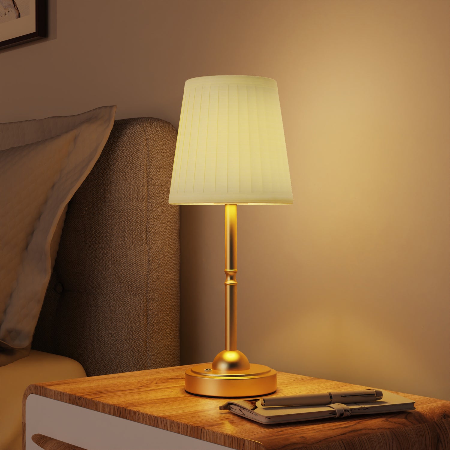 DECTOU Pleat Fabric Round Table Lamp - Touch Control 3-Level Brightness, Ideal for Bedroom Bedside