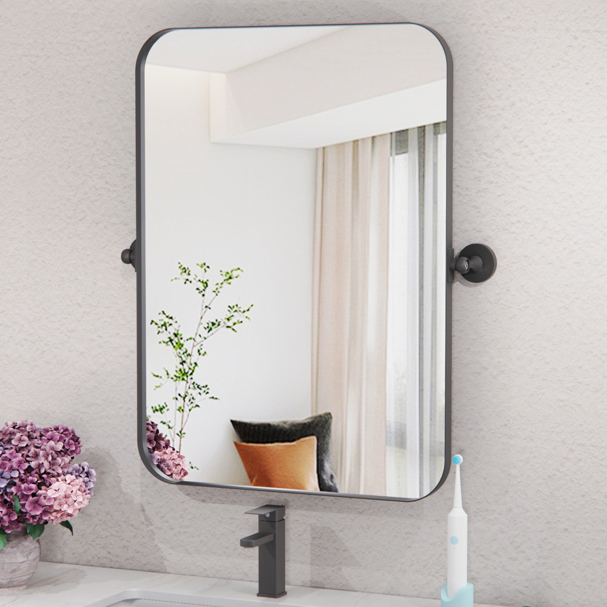 DECTOU Rotatable Wall Mirror - 10° Tilt Adjustment & Irregular Wall Compatible, Black Metal Frame with HD Clear Glass