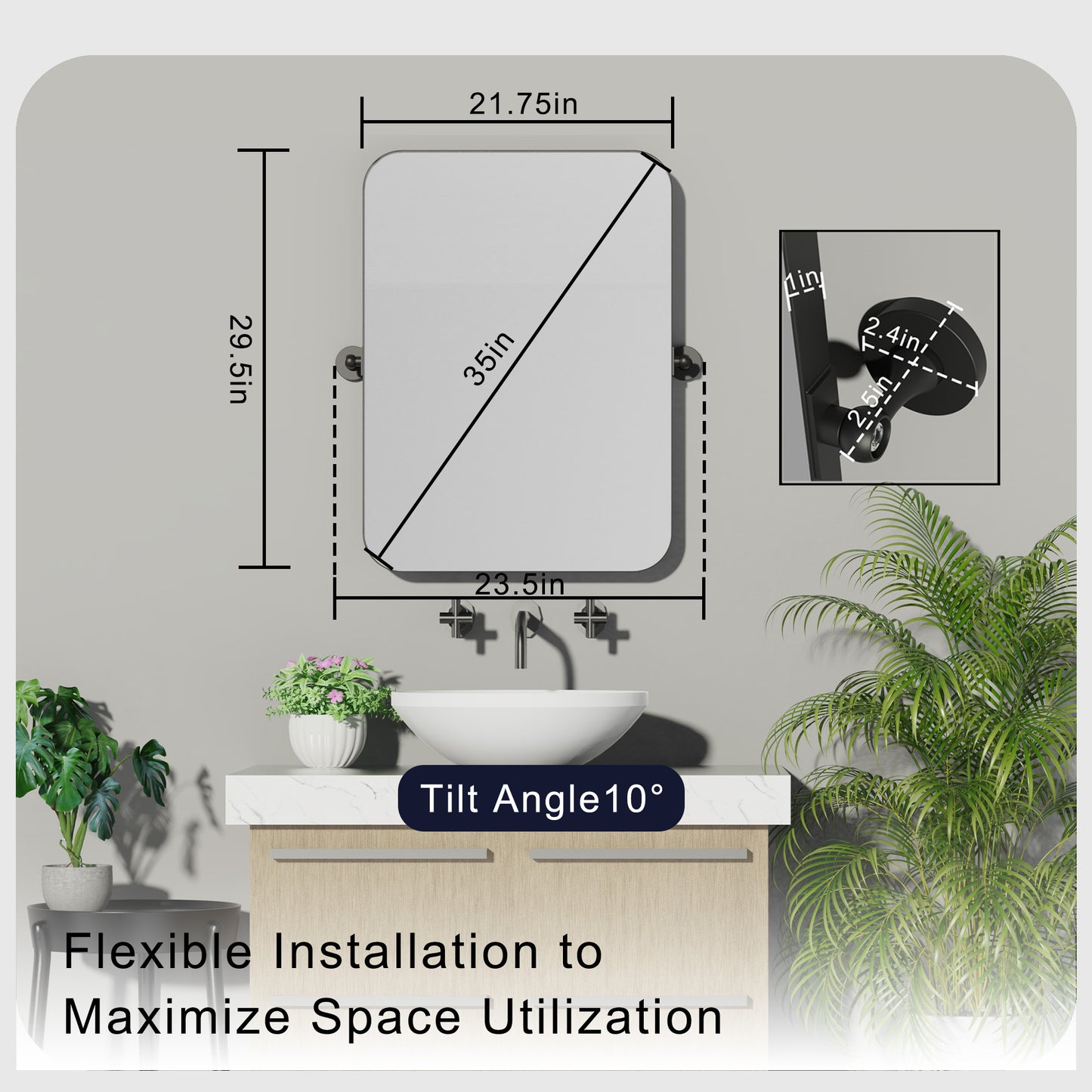 DECTOU Rotatable Wall Mirror - Dimension Chart with Length/Width/Thickness Details, 10° Tilt Range Marked for Reference