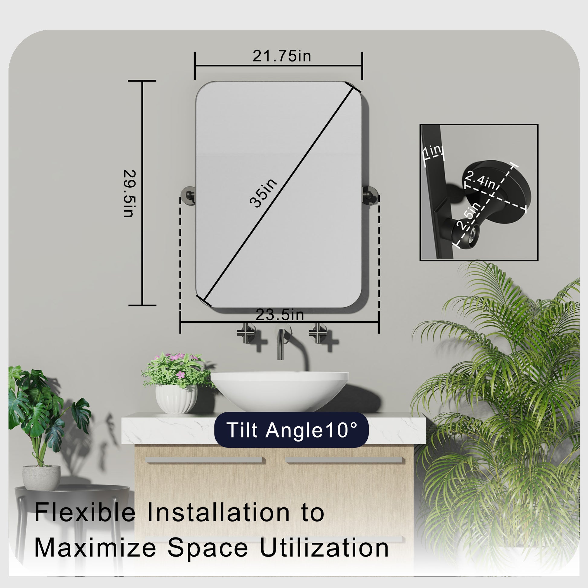 DECTOU Rotatable Wall Mirror - Dimension Chart with Length/Width/Thickness Details, 10° Tilt Range Marked for Reference