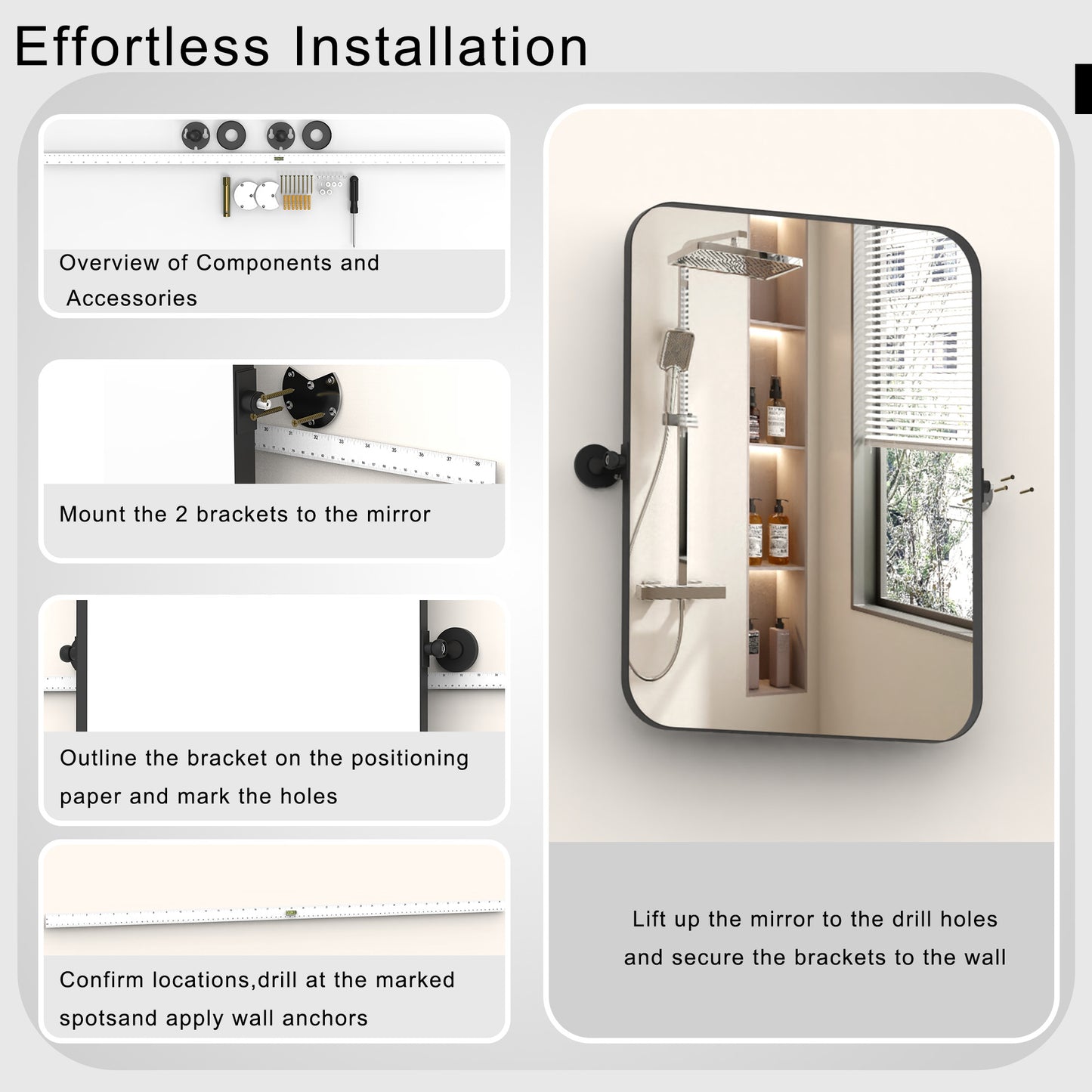 DECTOU Rotatable Wall Mirror - Installation Guide for Irregular/Sloped Walls, Showing Adjustable Bracket Setup & 10° Tilt Hinge