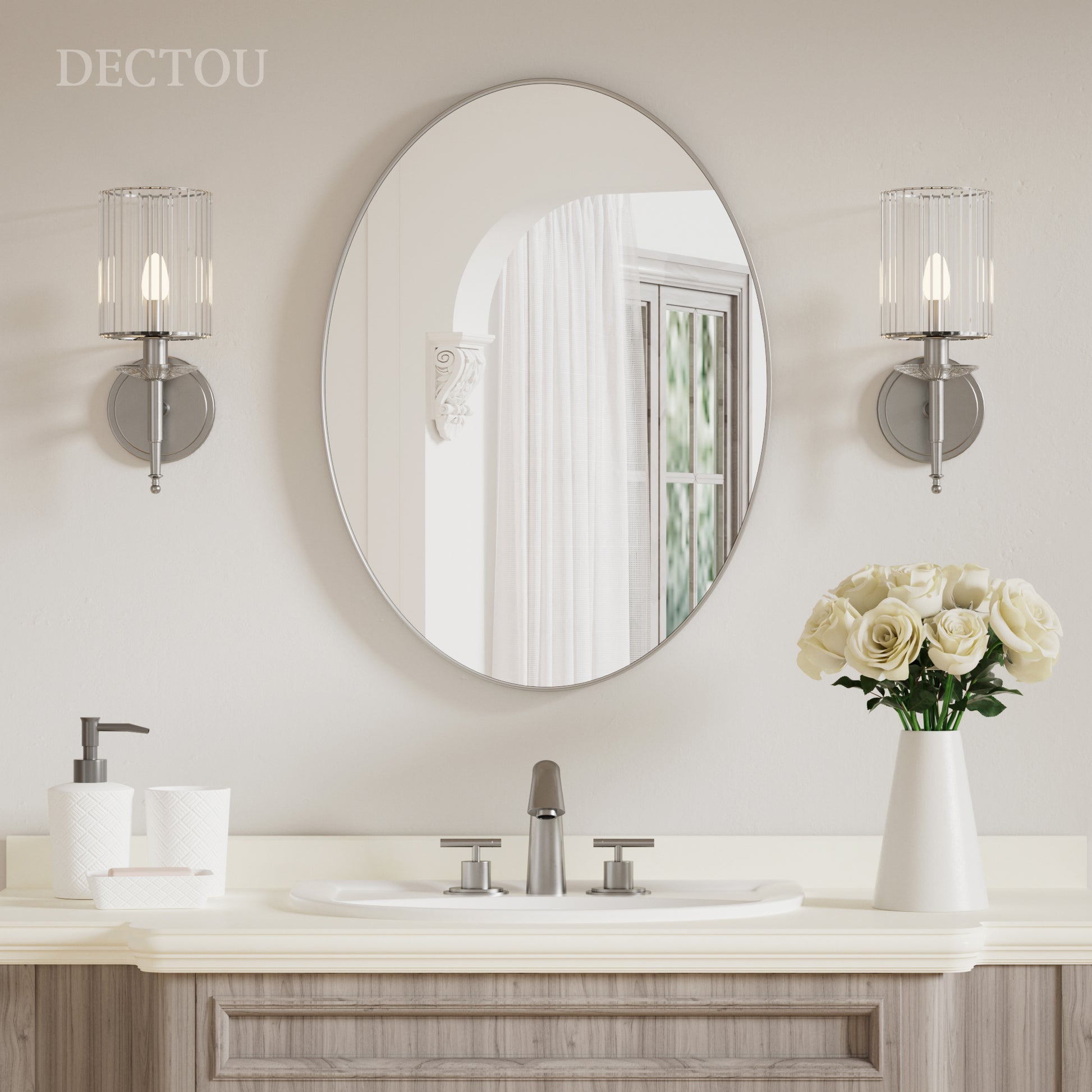 DECTOU Silver Iron Frame Oval Wall Mirror, Premium Material & Modern Elegant Decor, Wall-Mounted for Diverse Indoor Spaces