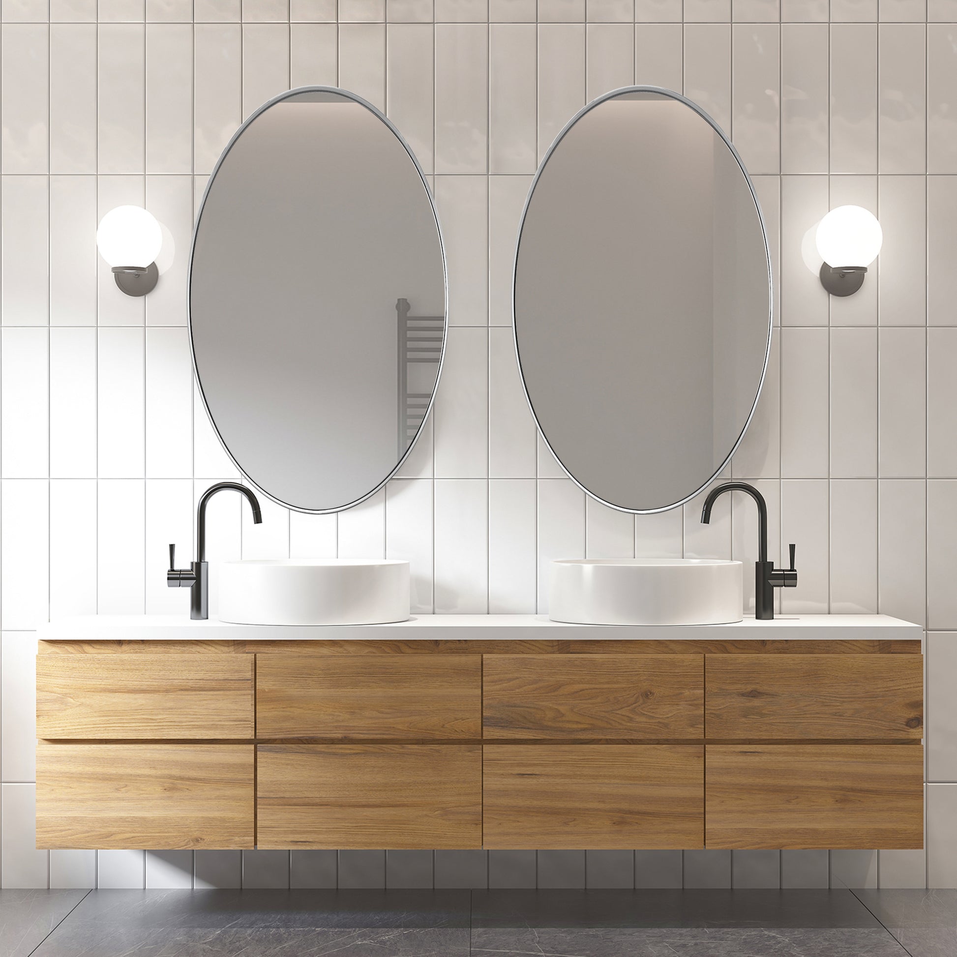 DECTOU Silver Iron Frame Oval Wall Mirror, Wall-Mounted Setup in Bathroom Space
