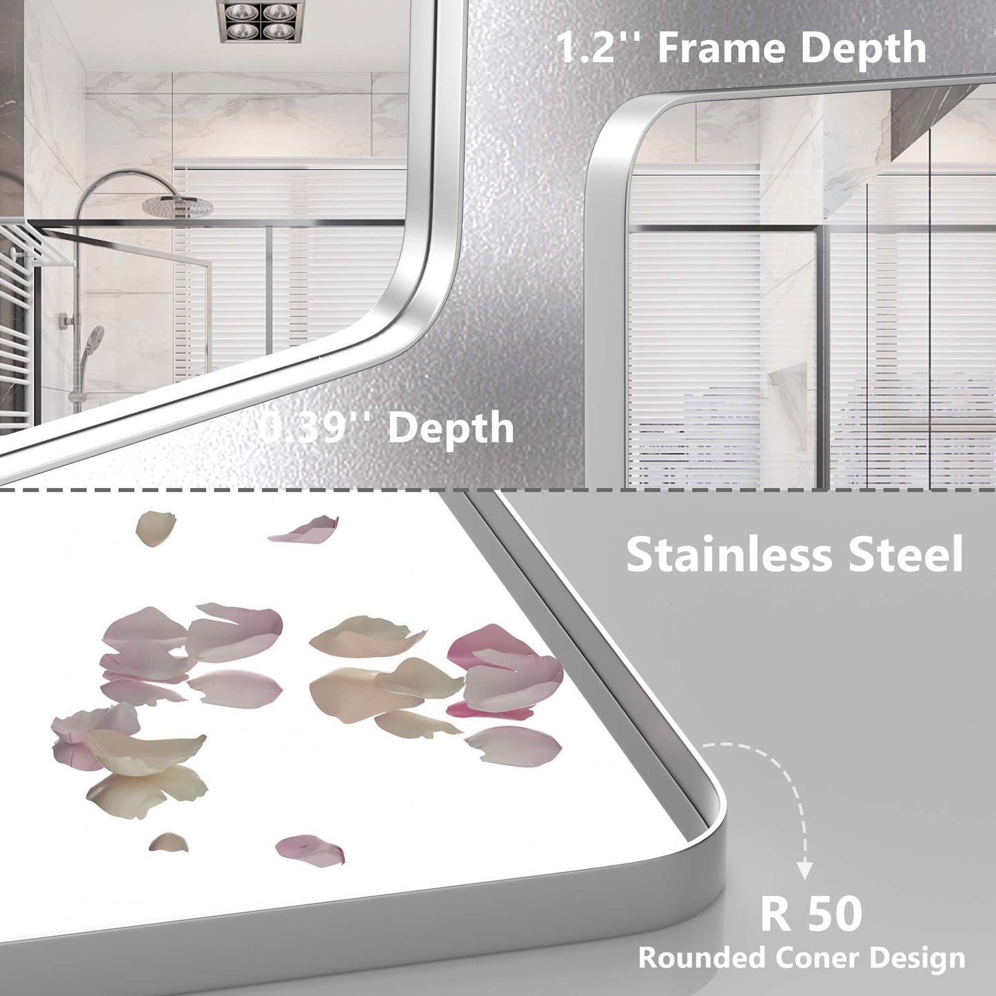 Closeup Detail of DECTOU Silver Rectangular Wall Mirror, Anti-Corrosion Iron Frame & Sturdy Build