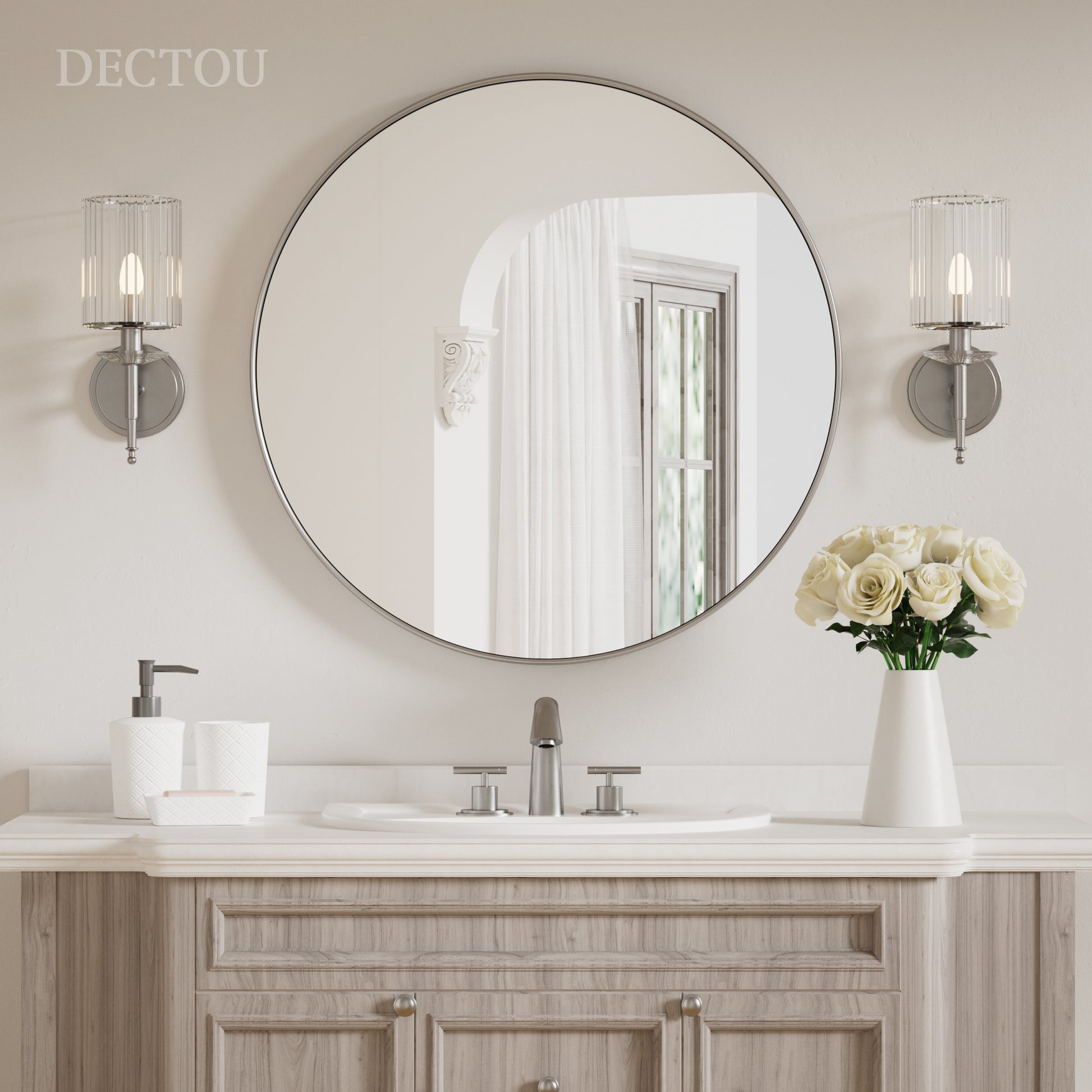 DECTOU Silver Iron Frame Round Wall Mirror, Premium Material & Modern Elegant Decor, Wall-Mounted for Bathroom