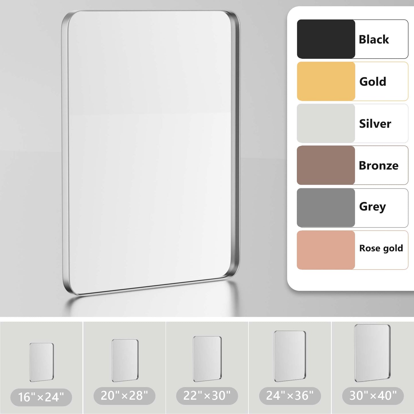 DECTOU Silver Rectangular Wall Mirror, Various Sizes Available for Custom Needs, Size Diagram